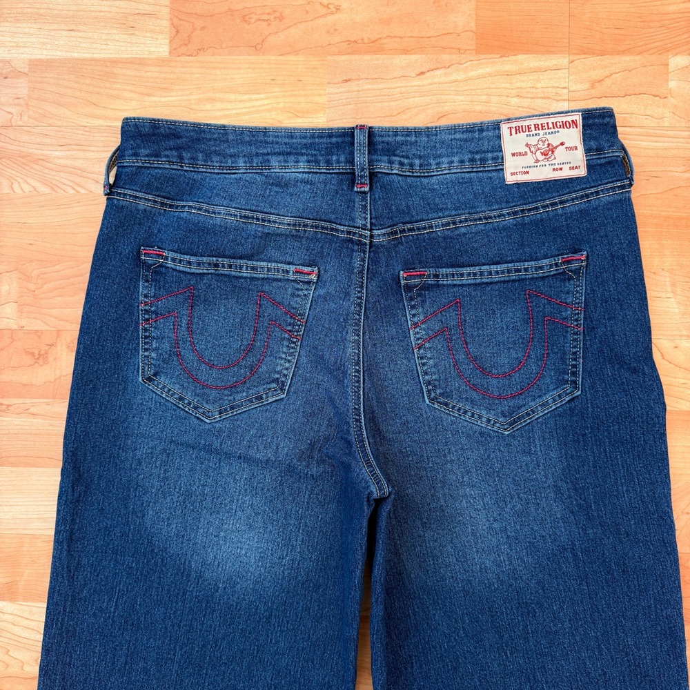 True Religion Bobbi Low Slung Baggy Jeans Blue Red Horseshoe Stitch Wide Leg 32